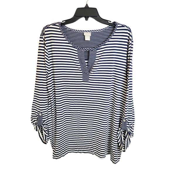 Chico's Casual Top Navy Blue White Striped Roll Tab Sleeve Women's Size 2XL - Picture 1 of 9